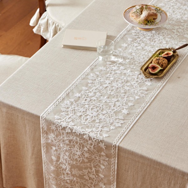 Multi-layer embroidered lace table runner with tassels