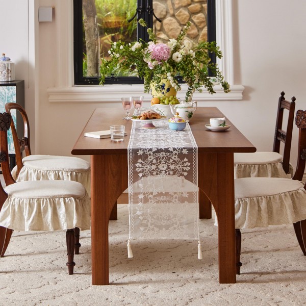 Multi-layer embroidered lace table runner with tassels