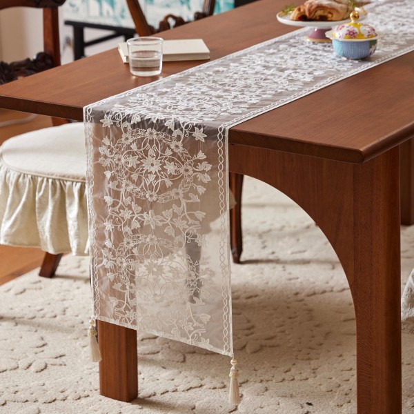 Multi-layer embroidered lace table runner with tas...