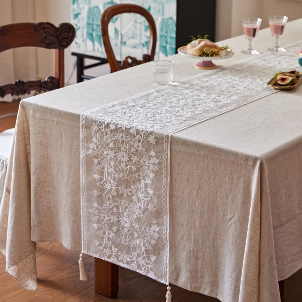 Multi-layer embroidered lace table runner with tassels