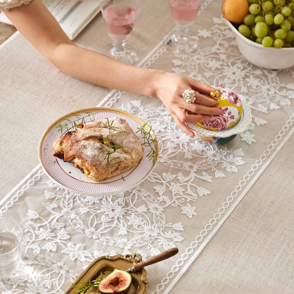 Multi-layer embroidered lace table runner with tassels