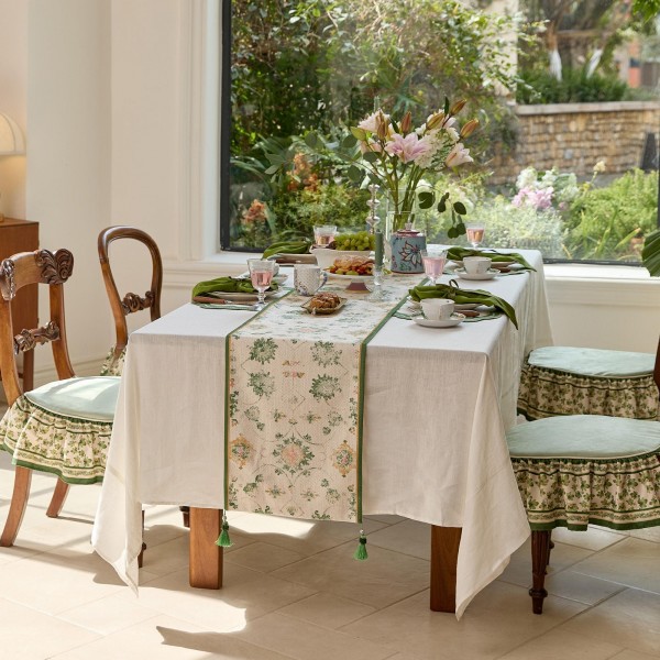 Hand-painted floral table runner in grass green