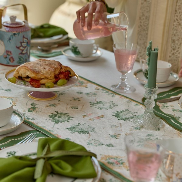 Hand-painted floral table runner in grass green