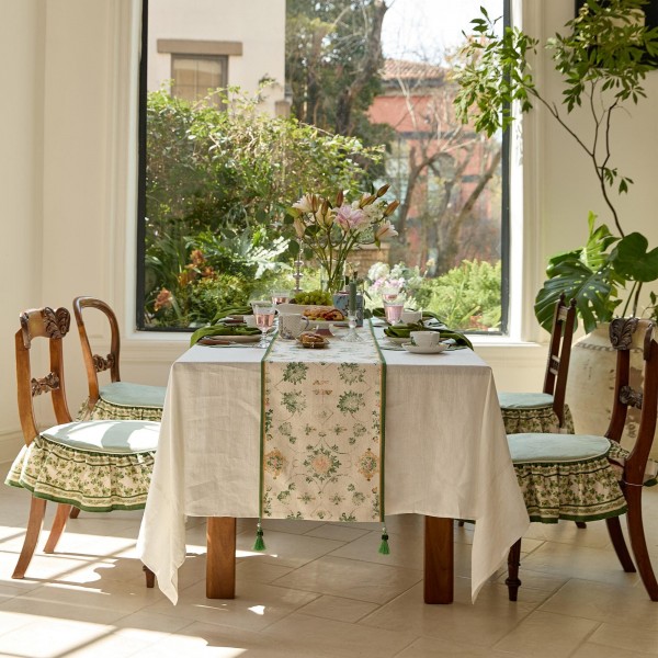 Hand-painted floral table runner in grass green