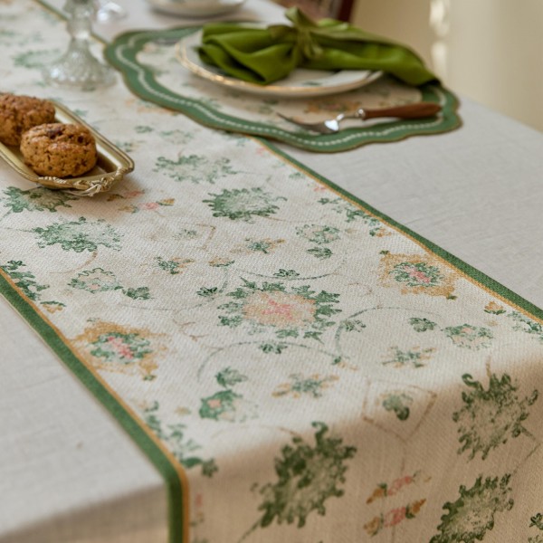 Hand-painted floral table runner in grass green