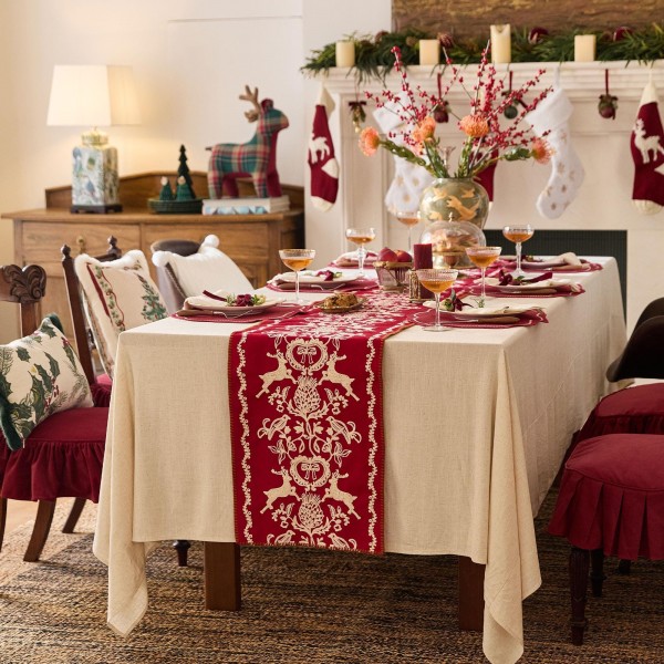 Red Table Runner with Charming Deer