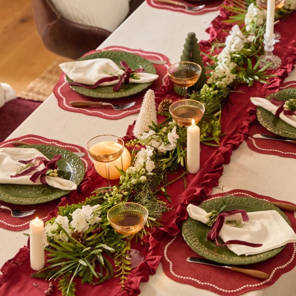 Ruffles Embellished Red Table Runner