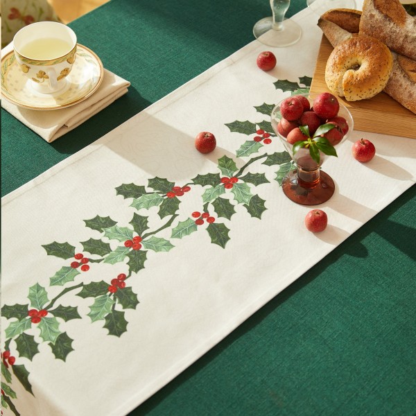 Table runner with Christmas holly pattern