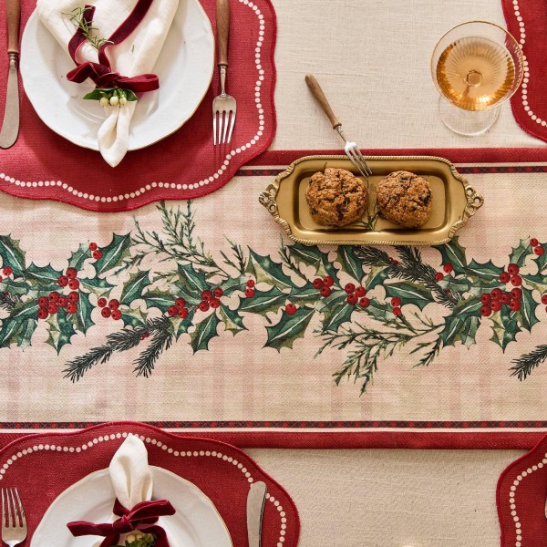 Christmas themed table runner with holly and berries