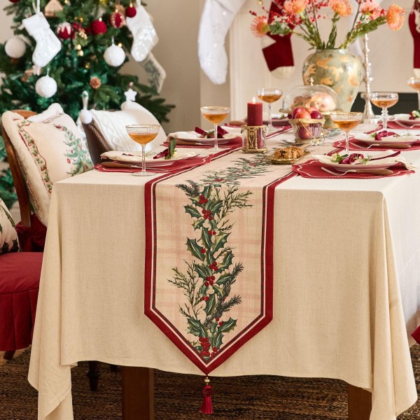 Christmas themed table runner with holly and berries