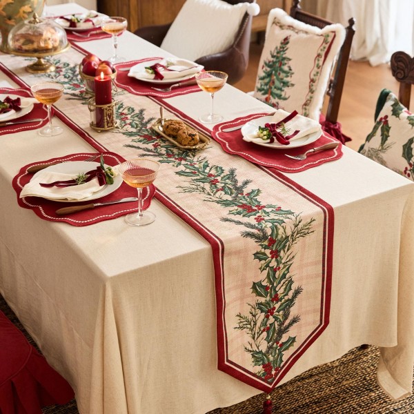 Christmas themed table runner with holly and berri...
