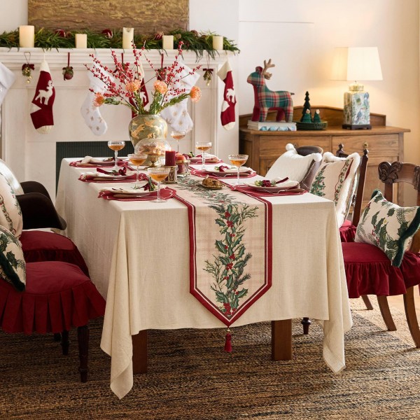 Christmas themed table runner with holly and berries