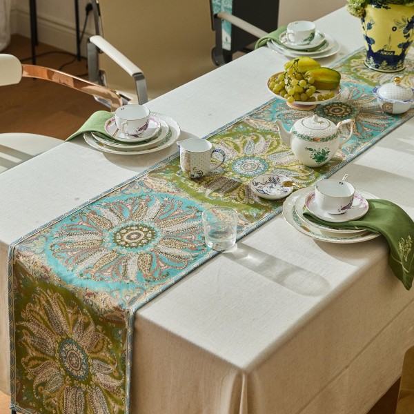 Vintage floral pattern green table runner