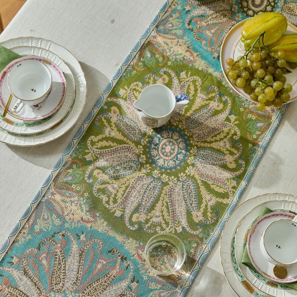 Vintage floral pattern green table runner