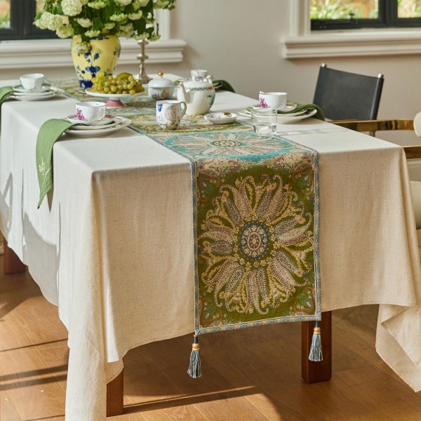 Vintage floral pattern green table runner