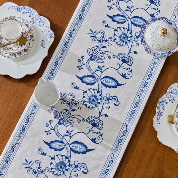 Oriental style blue floral pattern table runner