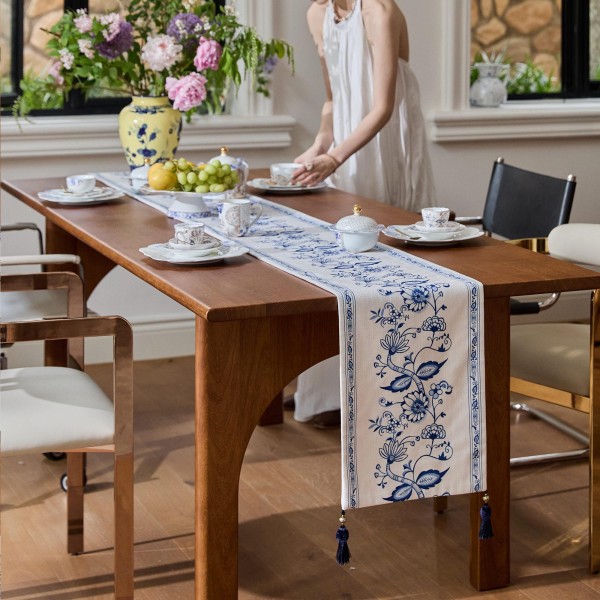 Oriental style blue floral pattern table runner
