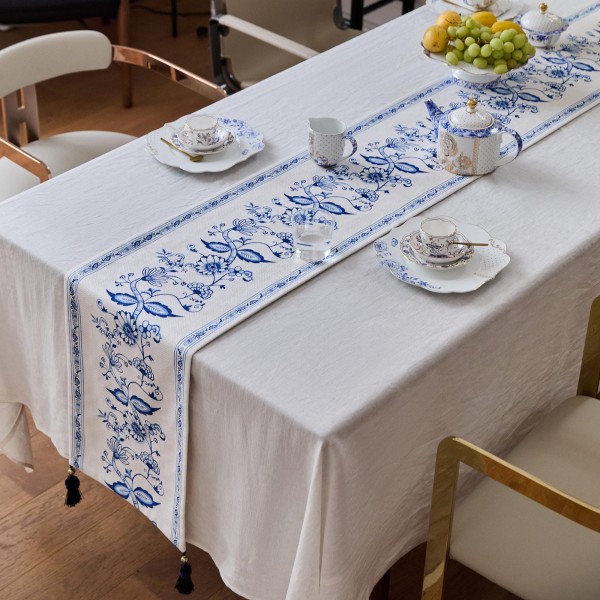 Oriental style blue floral pattern table runner