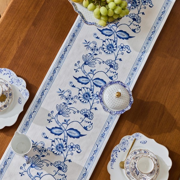 Oriental style blue floral pattern table runner
