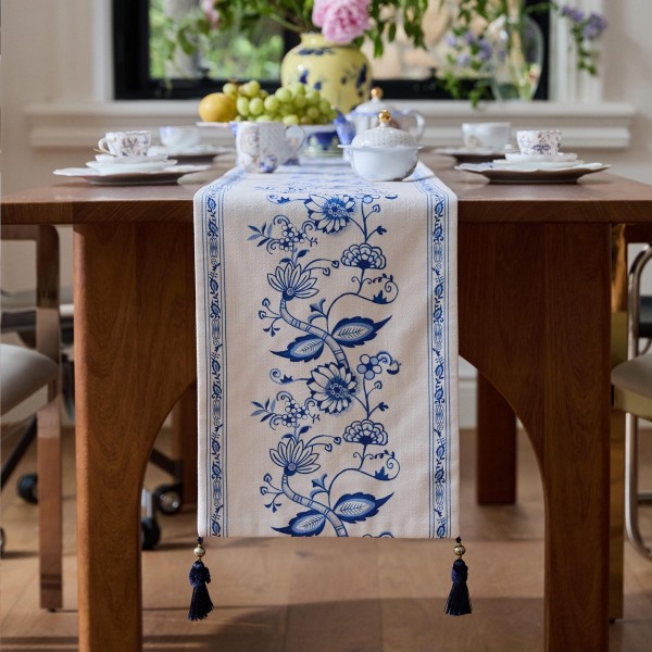 Oriental style blue floral pattern table runner