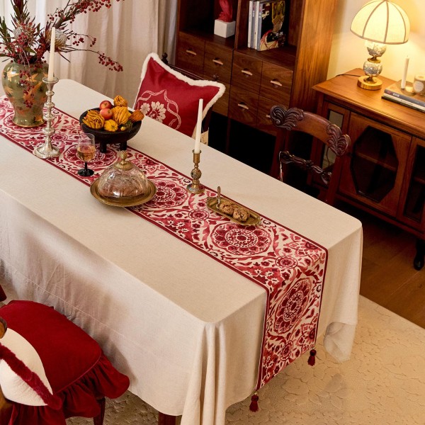 Red and White Intricate Floral Pattern Table Runne...
