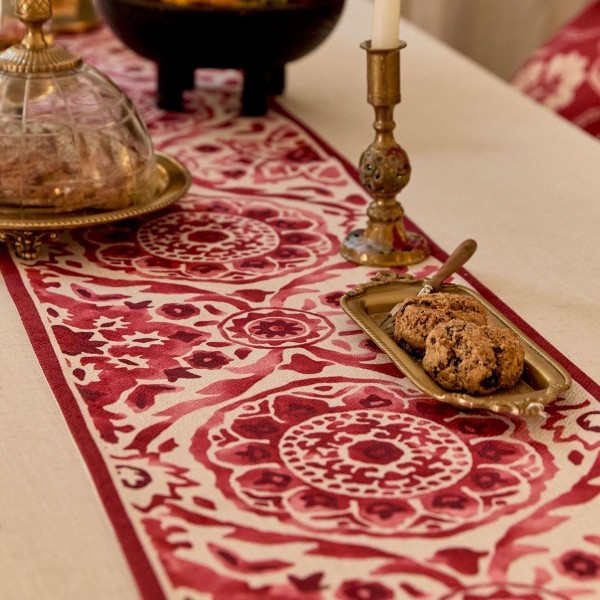 Red and White Intricate Floral Pattern Table Runner