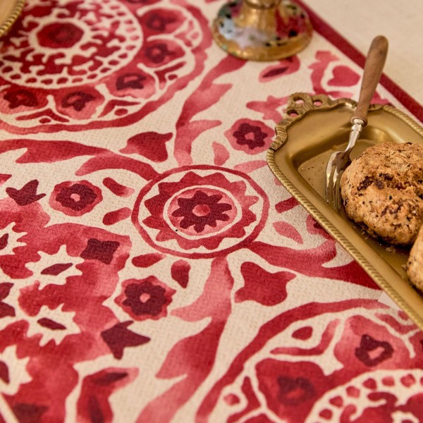 Red and White Intricate Floral Pattern Table Runner