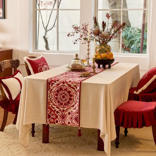 Red and White Intricate Floral Pattern Table Runner